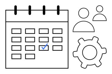 İşaretli takvim görev tamamlanmasını vurgular. Yakın takım ve vites simgeleri işbirliği, takvim, iş akışı ve hedef yönetimi öneriyor. Zaman yönetimi, takım çalışması, son teslim tarihi için ideal