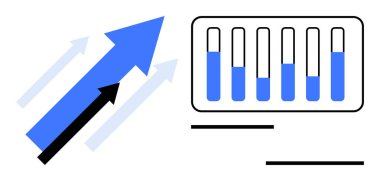 Büyüme, başarı ve performans kavramlarını vurgulayan değişken mavi seviyeli oklar ve çizelgeler. İş, analitik, finans, istatistik, pazarlama ve yatırım için ideal