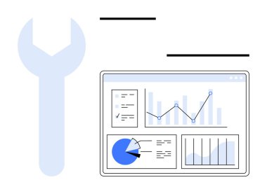 Gösterge paneli, çubuk grafik, çizgi çizelgesi, pasta grafiği ve belgelerle birlikte büyük anahtarın yanında analitiği de gösteriyor. Veri analizi, performans izleme, strateji, araçlar, ilerleme iş raporları için ideal