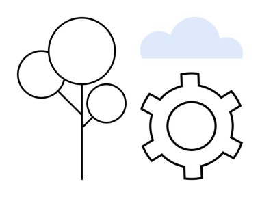 Doğa ve teknoloji arasındaki uyumu gösteren soyut ağaç, bulut ve teçhizat. Yenilik için ideal, sürdürülebilirlik, çevre, sanayi, işbirliği, geliştirme basit iniş sayfası