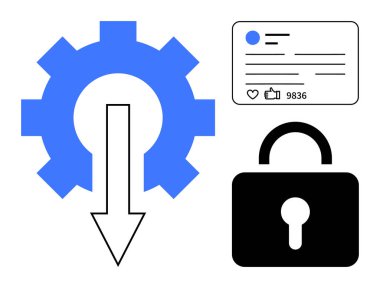 Aşağı doğru oklu vites, sosyal istatistikleri olan kullanıcı profili kartı ve asma kilit simgesi. Teknoloji, veri koruması, kullanıcı yönetimi, siber güvenlik, iş akışı, uygulama geliştirme basit iniş sayfası için ideal