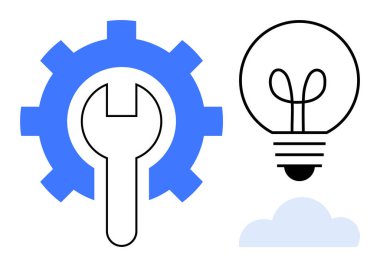 İngiliz anahtarı, ampul ve bulut temsil eden araçlar, yaratıcılık ve ilerleme içeren mavi dişliler. Yenilik, strateji, mühendislik, problem çözme, beyin fırtınası, bulut hesaplama için ideal