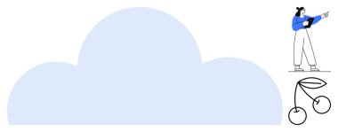 Elinde tablet tutan kadın büyük bir bulutu işaret ediyor, minimalist kirazlar detay ekliyor. Bulut hesaplama, teknoloji, modern tasarım, yaratıcılık, basitlik, eğitim ve basit bir iniş sayfası için ideal