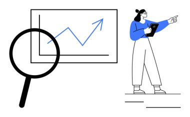 Elinde tablet tutan ve büyük büyüteçlerin yanında yükselen trend tablosuna işaret eden bir kadın. İş, analitik, strateji, araştırma, liderlik, veri içgörüleri ve basit bir iniş sayfası için ideal