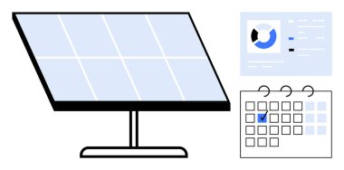 Güneş paneli, dijital analiz çizelgesi ve enerji planlama, veri içgörüleri, sürdürülebilirlik, verimlilik, karar verme, yenilenebilir enerji evlat edinme ve teknoloji kullanımını temsil eden işaretli takvim