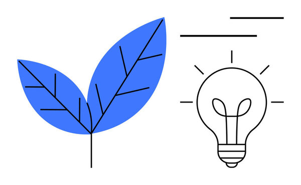 Синие листья в паре с светящейся лампочкой предполагают экологически чистую энергию и инновации. Идеально подходит для окружающей среды, природы, технологий, зеленой энергетики, творчества, инноваций, экологического прогресса. Плоская квартира