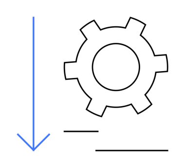 Ayarları, ilerlemeyi ve kişiselleştirmeyi vurgulayan minimum çizgileri olan vites ve aşağı doğru ok. Teknoloji, üretkenlik, iş akışı illüstrasyonu, gelişim, verimlilik, sistem iyileştirmesi için ideal