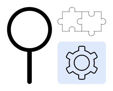 Büyüteç, iki yapboz parçası ve görselleştirme kavramları araştırmayı, problem çözmeyi, gelişmeyi destekliyor. Yenilik, takım çalışması, teknoloji, araştırma stratejisi analizi için ideal
