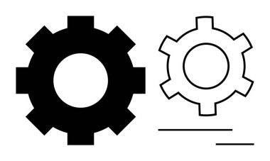 İki vites simgesi koyu siyah ve tasarımı minimum olan ana hatları çizilmiş. Teknoloji, mühendislik, süreçler, mekanik, optimizasyon, iş akışı yönetimi için ideal, basit iniş sayfası