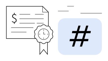 Dolar sembollü sertifika, metin satırları, saat şekilli mühür ve meta veri etiketi simgesi. Finans, teknoloji, sertifika, markalaşma için ideal, sosyal medya modern iş sade iniş sayfası