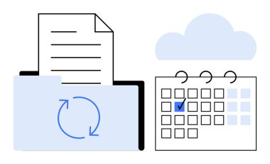 Simge, belge, işaretli takvim ve bulut grafikli dizin. Organizasyon, takvim, yedekleme, verimlilik planlama dijital araçlar verimliliği için idealdir. Düz basit metafor
