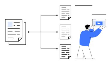 Belgeler oklarla bölümlere ayrılıyor, video içerikleriyle ilgilenen adam. Görev yönetimi, otomasyon, iş akışları, içerik oluşturma, işbirliği, organizasyon ve basit iniş sayfası için ideal
