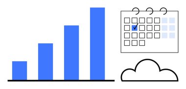 İlerleyen veri büyümesini gösteren çizelge, işaretli tarihli takvim ve bulut ögesi. Üretkenlik, organizasyon, planlama, planlama, analitik, veri yönetimi bulut çözümleri için ideal
