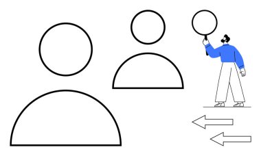 Farklı boyutlarda soyut kullanıcı profilleri, etkileşim işaretlerini gösteren bir figür ve yön okları. Dijital iletişim, ağ oluşturma, bağlantı, UXUI, takım çalışması, yönetim için ideal