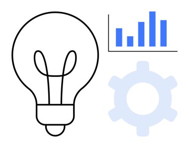 Ampul yeniliği, çubuk grafik analizini, dişli mekanizmasını sembolize eder. İş stratejisi, geliştirme, yaratıcılık, analiz ve teknoloji üretkenliği için ideal. Düz basit