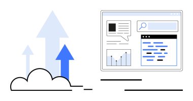 Bulutlardan yükselen oklar gelişim web arayüzünü çizelgeler, metin ve arama çubuğu ile sembolize eder. İş, teknoloji, veri büyümesi, performans, ilerleme ve yenilik için ideal
