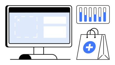 Formlu bilgisayar ekranı, askıda test tüpleri, çapraz sembollü tıbbi çanta. Sağlık teknisyeni, teletıp, e-ticaret, tanı, laboratuvar hizmetleri, çevrimiçi sağlık hizmetleri için ideal basit iniş sayfası