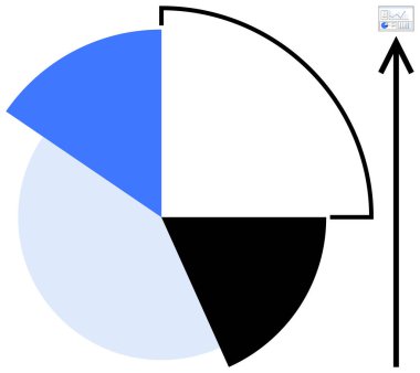 Bir turta grafiğinin üst üste binen bölümleri mavi, siyah, beyaz ve açık mavi, yukarı doğru kalın bir okla. Başarı için ideal, analiz, istatistik, ilerleme, büyüme işi basit iniş sayfası