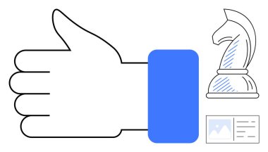Onaylamayı temsil eden el hareketi strateji için satranç şövalyesi ve kimlik için kimlik kartı. Liderlik için ideal, takım çalışması, karar verme, tanınma, marka stratejisi planlama. Düz