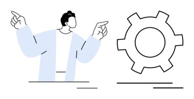 Bir vites sembolüne doğru hareket eden kişi, süreçleri, takım çalışmasını, optimizasyonu, teknolojiyi, yeniliği, sistem tasarımını ve problem çözmeyi işaret ediyor. Takım çalışması ve basit iniş sayfası için ideal