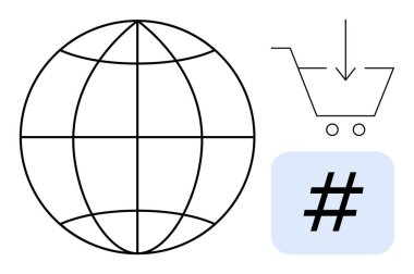 Dünya çapında ağ örgüsü, oklu alışveriş arabası ve dijital bağlantı için meta veri etiketi sembolünü temsil ediyor. Ecommerce, sosyal medya, küreselleşme, pazarlama, yenilik, İnternet için ideal