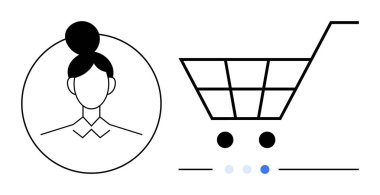 İlerleme göstergesi olan bir alışveriş arabasının yanındaki kullanıcı profili. E-ticaret, çevrimiçi alışveriş, kullanıcı arayüzü, müşteri hizmetleri, perakende satış, dijital pazarlama, basit iniş sayfası için ideal