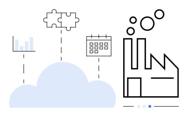 Bulut bağlantısı, çizelgesi, bulmaca parçaları ve analitik, zamanlama ve iş akışı entegrasyonunu temsil eden takvimi olan bir fabrika. Teknoloji, endüstri, veri planlama verimliliği için ideal