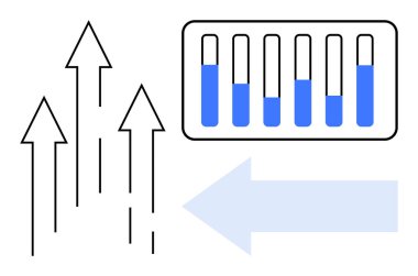 Yukarı bakan oklar, bar tablosu karşılaştırmasının yanında büyümeyi simgeliyor. İlerleme, analitik, performans ölçümü, trend raporları, strateji planlaması, iş başarısı ve basit bir