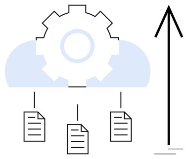 Bulutların üstünlüğü otomasyon ve bütünleşme anlamına gelir. Belgeler, gönderme veya veri akışını gösteren yukarı doğru okla buluta bağlanıyor. Teknoloji, yenilik, bulut hizmetleri, veri depolama için ideal