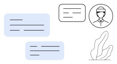 Açık mavi ve siyah ana hatlı diyalog kutuları, VR kulaklı kullanıcı profili simgesi ve basit yaprak aksanı. İletişim, sanal gerçeklik, ağ oluşturma, UI tasarımı, takım çalışması, mesajlaşma için ideal