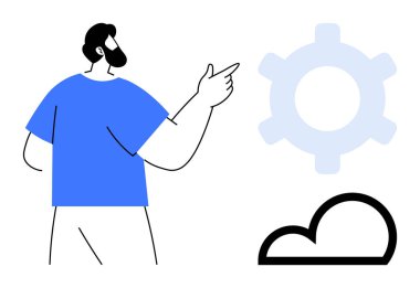 Büyük bulut ve ekipman elementlerinde günlük kıyafet noktalarında sakallı bir adam. Teknoloji, bulut hesaplama, yenilik, takım çalışması, konsept stratejisi, bilişim çözümleri ve ilerleme için idealdir. Düz basit metafor