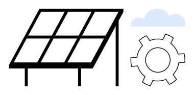 Güneş paneli, yenilenebilir enerji, yeşil teknoloji, temiz enerji, ekolojik yenilik, çevresel çözümler, endüstriyel verimlilik ve basit iniş noktalarını temsil eden ekipman ve bulut elementleriyle bağlantılı.