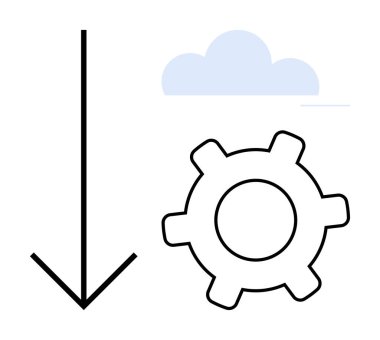 Bir dişlinin yanındaki aşağı doğru ok ve bulut elementi süreç akışını, sistem optimizasyonunu ve bulut entegrasyonunu temsil eder. Teknoloji, otomasyon, depolama, veri akışı, verimlilik ve bilişim sistemleri için ideal