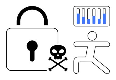 Büyük kilit ve kafatası sembolü dijital güvenlik tehditlerini vurguluyor. Çubuk tablosu veri analizini temsil ederken, odaklı poziyondaki kişi esnekliği simgeler. Teknoloji, güvenlik ve zihin için ideal