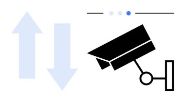 Güvenlik kamerası ve veri akışı için yukarı doğru giden oklar gözetim, analiz ve iletişimi sembolize ediyor. Teknoloji, güvenlik, veri paylaşımı, IOT, gizlilik yeniliği için ideal basit