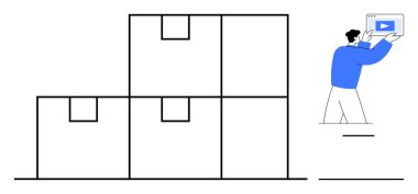 Elinde video olan bir adam, büyük kutular organize olduğunu gösteriyor, depolama, teslimat. Lojistik, dijital yönetim, e-ticaret, depolama verimliliği, nakliye içeriği oluşturma için ideal basit