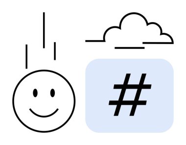 Yukarı bakan okları olan mutlu bir yüz stilize edilmiş bir bulut ve üst veri etiketli mavi bir kare. Sosyal medya, pozitiflik, minimalizm, yaratıcılık, dijital trendler, soyut kavramlar için ideal