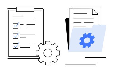 Belgelerin bulunduğu klasörün yanında kontrol listesi ve teçhizat olan pano. İş akışı optimizasyonu, görev takibi, otomasyon, dosya yönetimi, proje planlaması, verimlilik, organizasyon için ideal. Düz