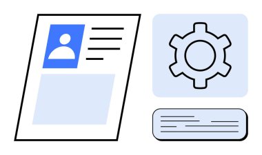 Profil kartında fotoğraf, metin alanları, ayarlar ve konuşma balonu var. Kullanıcı yönetimi, hesap kurulumu, web tasarımı, bilişim çözümleri, veri organizasyonu özelleştirmesi için ideal basit iniş sayfası