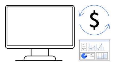 Masaüstü monitörü, yuvarlak oklardaki dolar sembolü ve çizelgeli analitik gösterge paneli. Finans, iş, teknoloji, veri analizi, yatırım, üretkenlik için ideal basit iniş sayfası