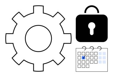 İşlemler için vites, güvenlik için kilit ve planlama için işaretlenmiş takvim. Yönetim, sistem optimizasyonu, mahremiyet, organizasyon, verimlilik planlama iş akışı için ideal. Düz basit metafor