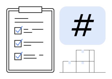 Tamamlanmış görevlerin listesinin olduğu pano, mavi bir kutuda üstveri etiketi sembolü ve istiflenmiş kutular. Görev yönetimi, organizasyon, planlama, üretkenlik, lojistik, pazarlama iş akışı için ideal