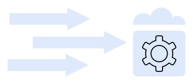 İş akışı verimliliği ve otomasyonu temsil eden vites grafiği içeren bir bulut simgesini gösteren üç yönlü ok. Veri akışı, yazılım göçü, bütünleşme, dijital araçlar için ideal