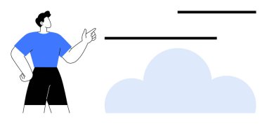 Kişi, pastel bir bulut sembolü üzerinde süzülen çizgilere güven içinde dururken işaret eder. Yenilik, planlama, vizyon, yaratıcılık, teknoloji, bulut depolama ve analiz için ideal. Düz basit