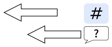 Karşıt yönlere bakan iki ok bir karede bir üstveri etiketi ve konuşma balonunda bir soru işareti ile yan yana. Karar verme, yön, sosyal medya, soru, etkileşim için ideal