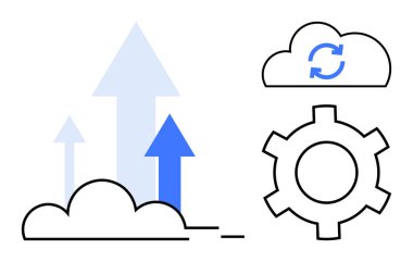 Yukarı doğru ok, senkronize ikon ve dişli bulut ilerlemeyi, senkronizasyonu ve teknolojiyi iletir. Yenilik için ideal, veri entegrasyonu, yazılım geliştirme, otomasyon ölçeklendirilebilirlik bulut hesaplaması