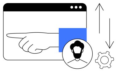 Tarayıcı penceresindeki el işaretleri etkileşim, kullanıcı avatarı, ayarlar teçhizatı, hareket ya da akışı işaret eden dikey oklar. Kullanıcı arayüzü tasarımı, etkileşim, kişiselleştirme ve kontrol için ideal