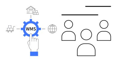 WMS etiketli ikon, el tıklama, depo, kamyon, dünya simgeleri solda, takım simgeleri sağda. Lojistik, işbirliği otomasyon envanteri teknoloji iş akışı ekip çalışması için ideal. Düz