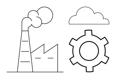 Bacası duman yayan fabrika, endüstriyel bina, vites sembolü, bulutlar. Sanayi, imalat, çevre, teknoloji, sürdürülebilirlik kirliliği gibi kavramlar için idealdir.