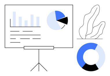 Çubuk grafikler, pasta grafikleri ve bir bitkinin illüstrasyonunun yanında metni gösteren beyaz tahta. Analiz, raporlar, eğitim, iş büyümesi, strateji, basit iniş sayfası için ideal